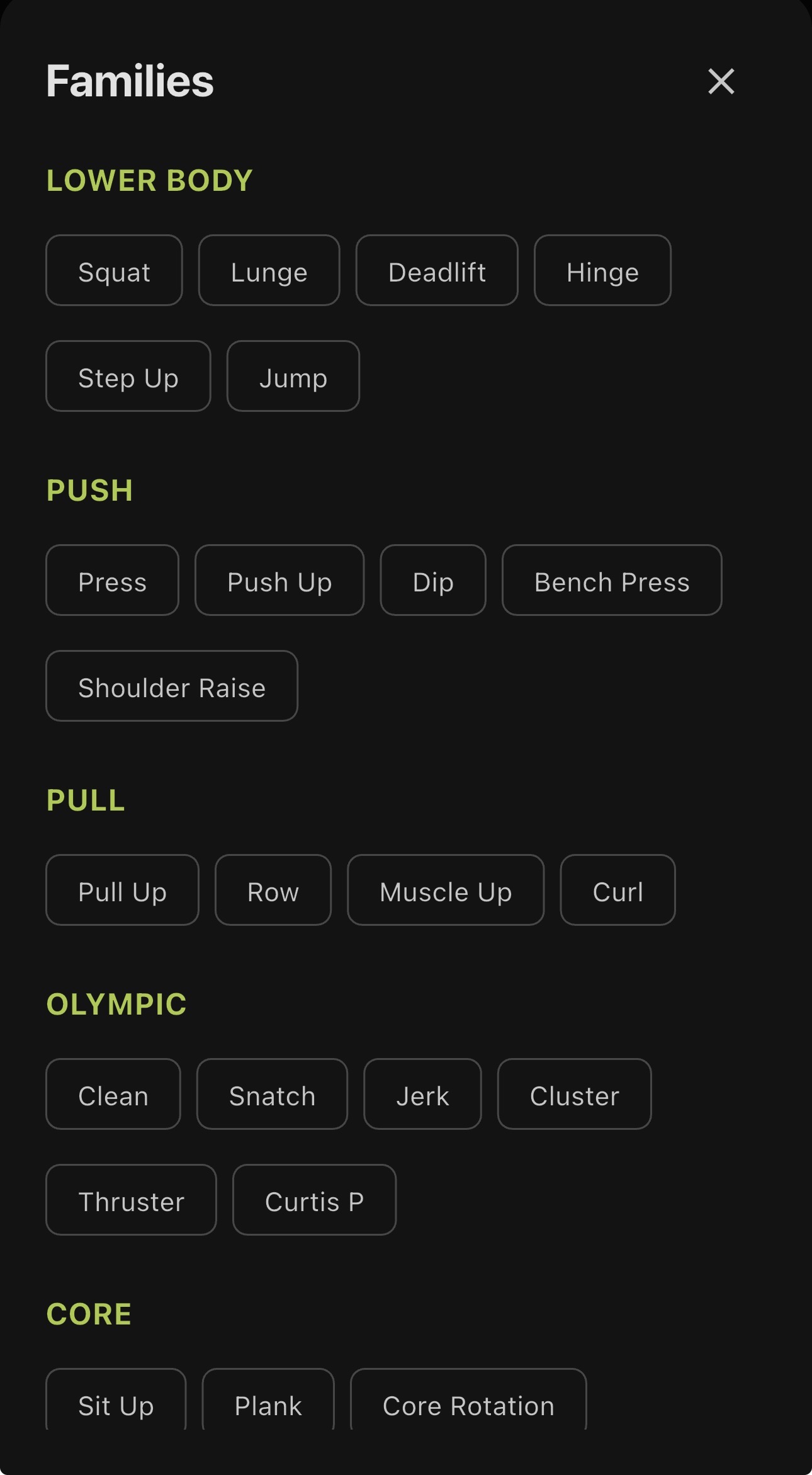 Navegación por familias de ejercicios