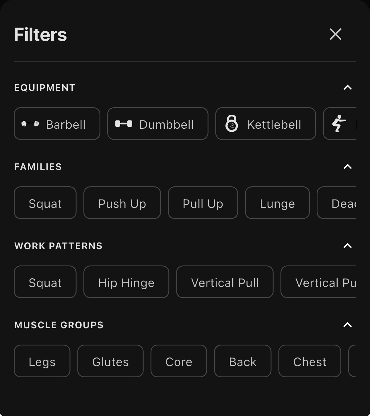 Panel de filtros de búsqueda