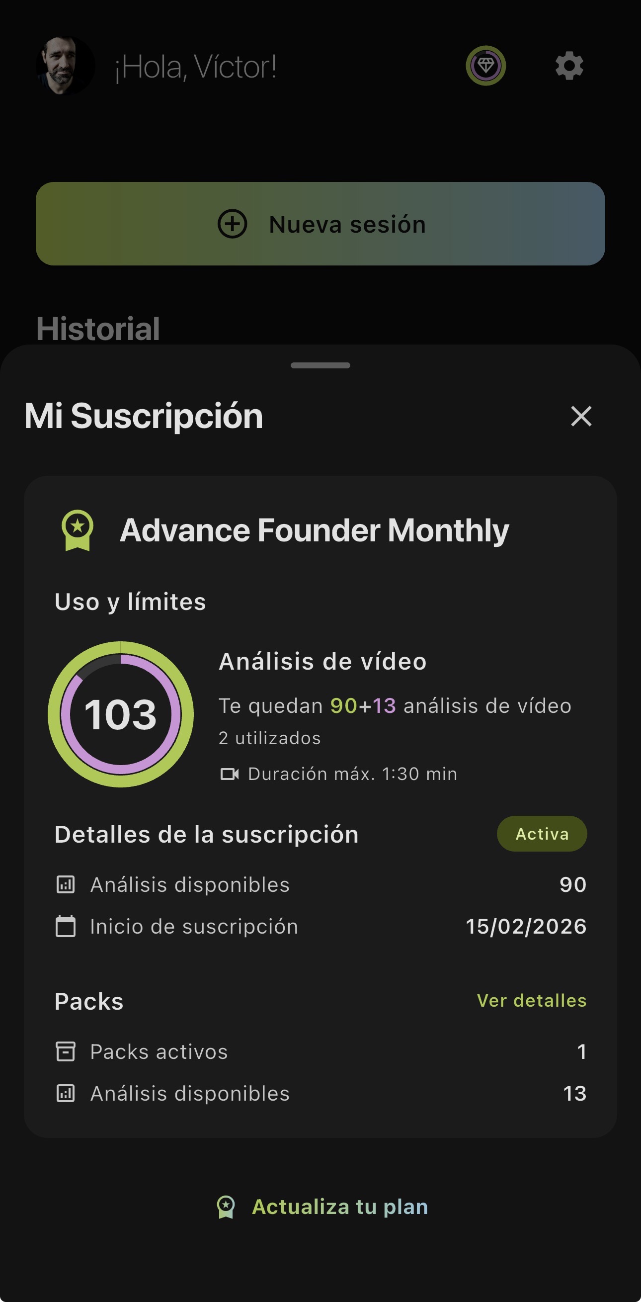 Vista de créditos bonus con pack activo