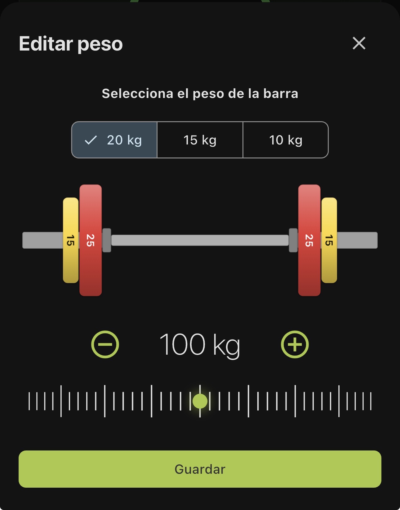 Selector de peso visual con discos de colores y barra