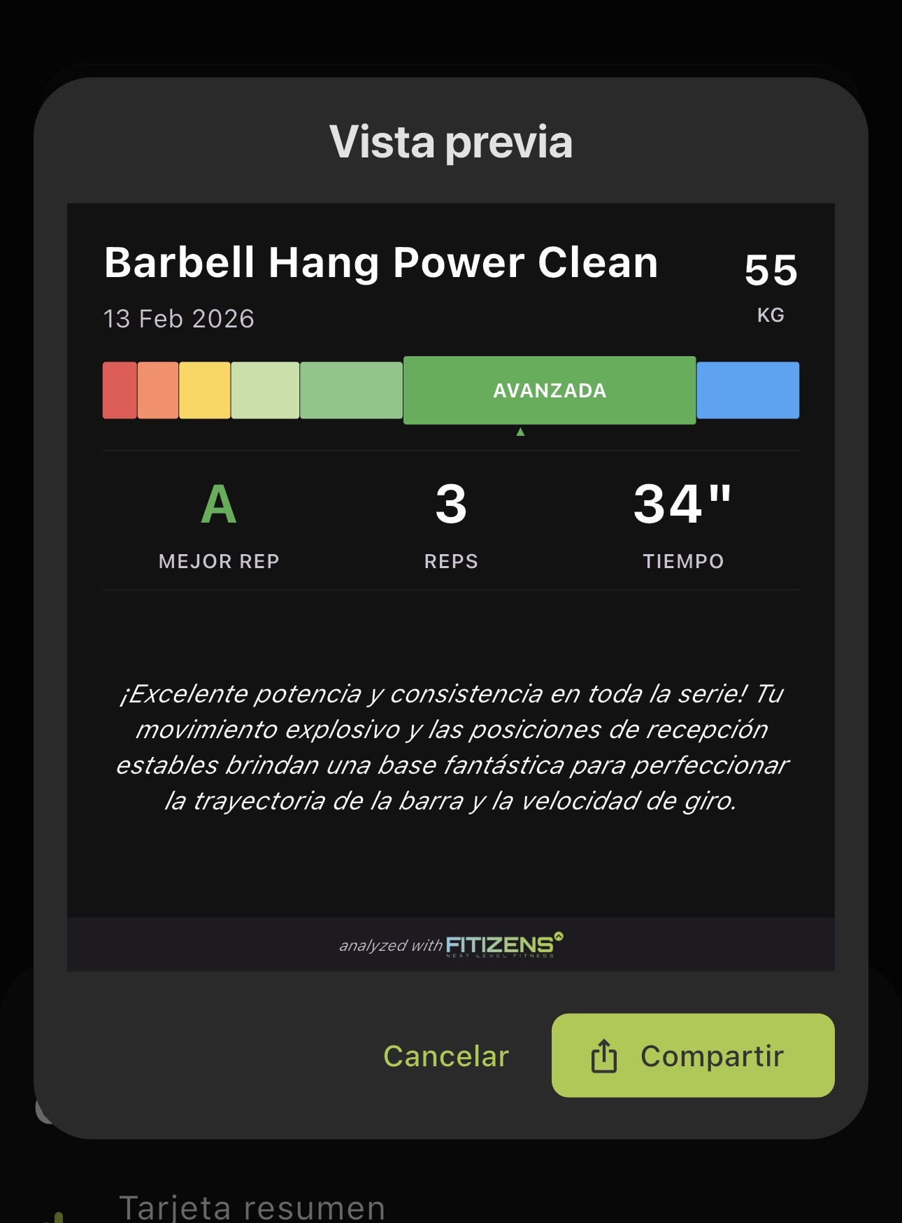 Tarjeta visual con resumen de serie y feedback de la IA