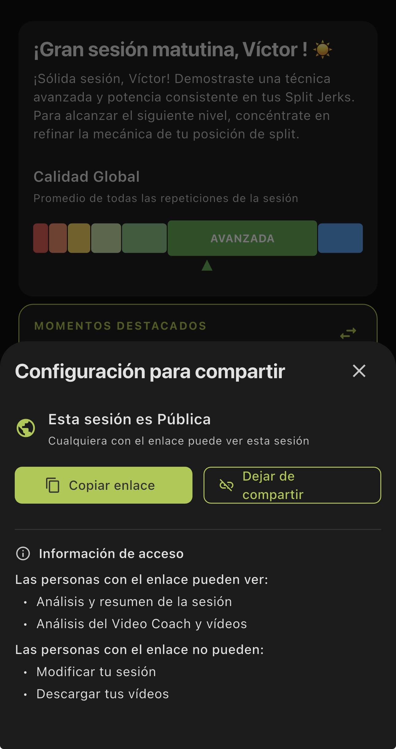 Diálogo de configuración para compartir sesión con opciones de copiar enlace y dejar de compartir